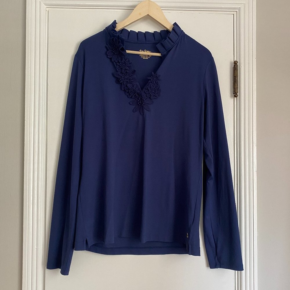 Lilly Pulitzer Luxletic Upf 50+ Frida Long Sleeve Polo Top Blue Size XL - Picture 1 of 6